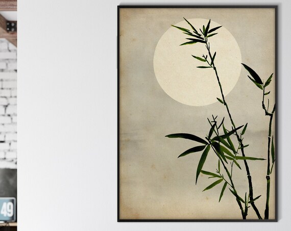 Japanese Bamboo Sunset Print, Oriental Asian Landscape Watercolor SumiE Art Minimal Zen Feng Shui Wall Woman Room Decor Eco Friendly Gift