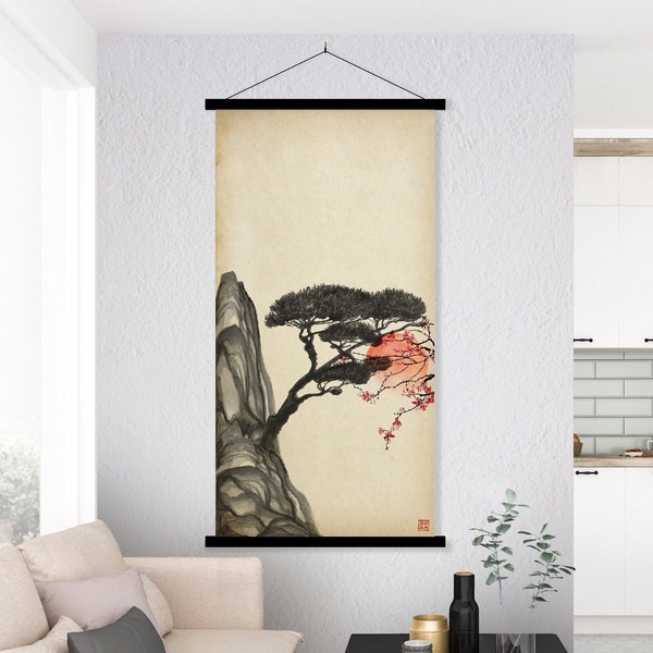 Japanese Pine Tree Oriental Landscape Print, Asian Sumi E Cherry Blossom Watercolor Scroll Minimal decor Zen Feng Shui Eco Friendly Gift