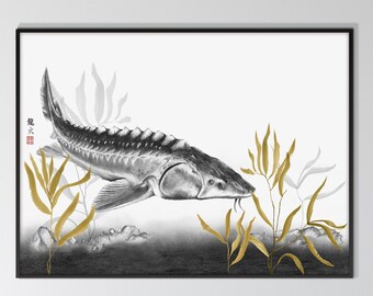 Sturgeon Acipenser Fish Watercolor Poster Print, Japanese Gyotaku Style Black White Seaweed Eco Friendly Gift Her Him Minimal Nautical Decor