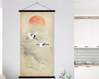 Japanese Red Crowned Cranes Canvas Print, Asian Landscape Oriental Rising Sun Zen Feng shui Wall Hanging Minimal decor Eco Friendly Gift