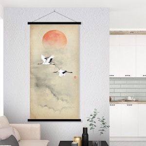 Stampa giapponese di gru coronate rosse, paesaggio asiatico orientale sole nascente zen feng shui arazzo da parete rotolo decorazione minimale regalo ecologico