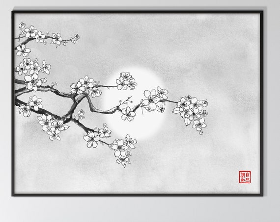 Japanese Cherry Blossom Moonlight Print, Asian Oriental Landscape Watercolor Minimal Zen Feng Shui Wall Room Silver Decor Eco Friendly Gift