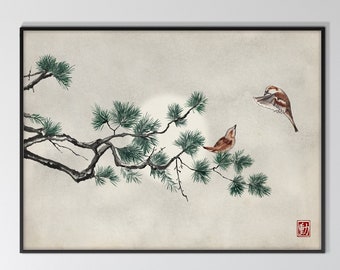 Lámina Japonesa Pino y Gorriones, Acuarela Tinta Paisaje Asiatico Oriental Decoración Minimalista Zen Feng Shui Arte Pared Regalo