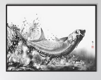 Fighting Tarpon Fish Watercolor Print, Japanese Gyotaku Style Black White Silver Fish Big Scale Eco Friendly Gift Minimal Nautical Decor