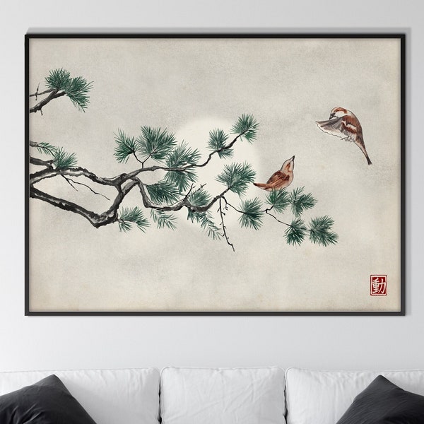 Japanische Kiefer und Spatzen Druck, orientalische asiatische Landschaft Tinte Aquarell Sumi E Art Minimal Zen Feng Shui Wand Dekor Umweltfreundliches Geschenk