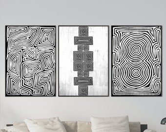 Set of Three Australian Aboriginal Style Print, Ethnic Tribal Black White Wall Art Tribal Boho Room decor Housewarming Eco Friendly Gift