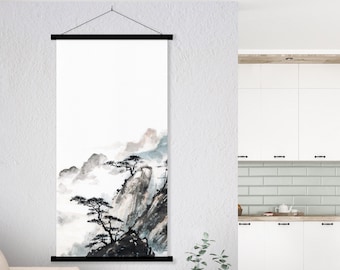 Japanese Oriental Mountain Landscape Print,Monochrome Ink Watercolor Asian Art Minimal decor Zen Feng Shui Scroll wall art Eco Friendly Gift