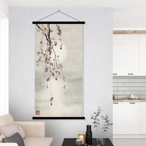 Japanese Sakura Cherry Blossom Water Sunset Print, Oriental Asian Landscape Watercolor Scroll Minimal Zen Feng Shui Decor Eco Friendly Gift image 2