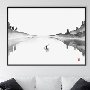 Japanese Sumi E Oriental Landscape Oarsman Print, Asian Monochrome Ink Watercolor Art Minimal decor Zen Feng Shui wall art Eco Friendly Gift