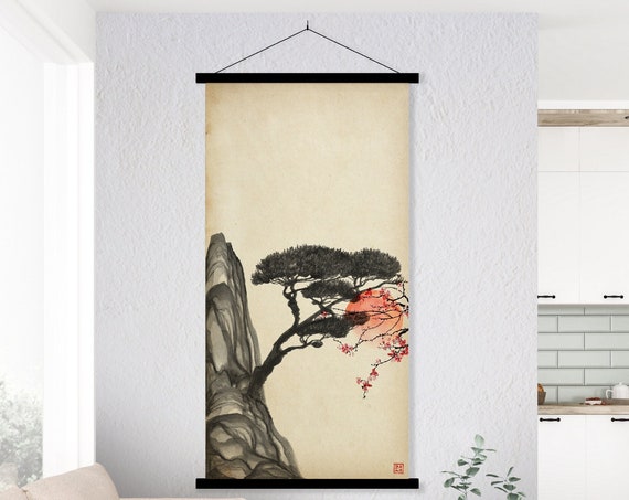 Japanese Rising Sun Oriental Landscape Print,Asian SumiE Tree Cherry Blossom Watercolor Scroll Minimal decor Zen Feng Shui Eco Friendly Gift
