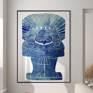 Tlaloc Mexican Aztec Rain God Print, Navy Blue Watercolor Indigenous American Pre Columbian Minimal Modern decor Eco Friendly Art Gift