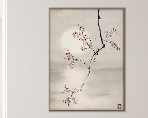 Japanese Cherry Blossom Sunset Print, Oriental Asian Landscape Watercolor Scroll Minimal Zen Feng Shui Room Decor Eco Friendly Gift