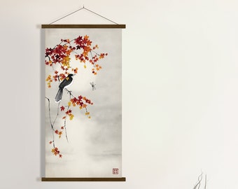Lámina Japonesa Ramas de Arce y Pájaro Ocaso, Acuarela Tinta Paisaje Asiatico Oriental Decoración Minimal Zen Feng Shui Arte Pared Regalo