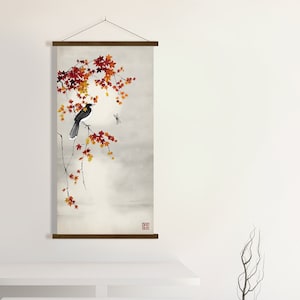 Japanische Ahorn Zweige Vogel Sonnenuntergang Druck, orientalische asiatische Landschaft Aquarell Rolle Minimal Zen Feng Shui Wand Zimmer Dekor Umweltfreundliches Geschenk