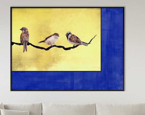 Gold Azure Sparrows Bird Poster Print, Modern Blue Watercolor Modern Big Size Housewarming Minimal Nautical Decor Eco Friendly Gift Her Him