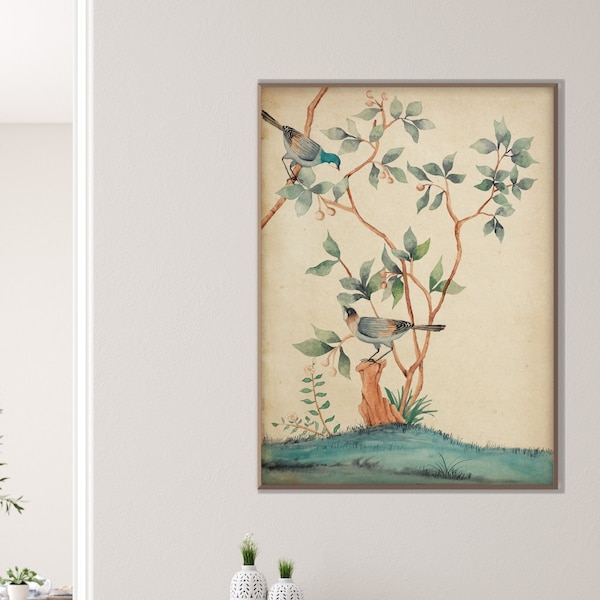 Oriental Birds Flower Print, Asian Chinoiserie Style Watercolor Ink Room Chinese Scroll Feng Shui Modern Minimal Decor Eco Friendly Gift