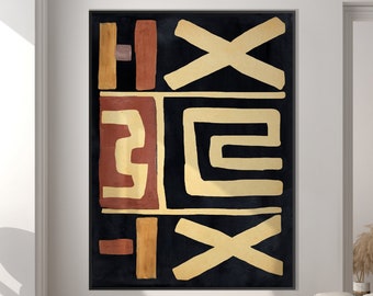 Könnte beinhalten: Abstrakter geometrischer Kunstdruck mit schwarzem Hintergrund, goldenen und roten geometrischen Formen und einem weißen Rand. Der Druck hängt an einer weißen Wand in einem modernen Wohnzimmer.