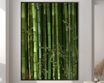 Puede incluir: Una impresión enmarcada de un bosque de bambú verde. La impresión está colgada en una pared blanca en una sala de estar moderna. Un taburete de madera se encuentra frente a la impresión.