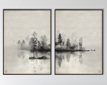 Set Dos Láminas Japonesa Paisaje Montaña Oriental, Acuarela Tinta Decoración Minimalista, Zen y Feng Shui Arte de Pared Regalo El Ella