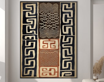 Könnte beinhalten: Ein gerahmter abstrakter Kunstdruck mit einem geometrischen Muster in Schwarz, Weiß, Braun und Rot. Der Druck zeigt ein sich wiederholendes Muster aus ineinandergreifenden Formen und Linien.