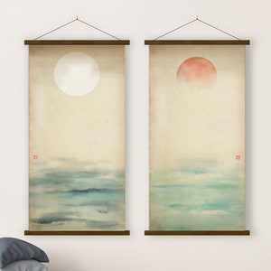 Set di due stampe di paesaggi marini giapponesi, vecchia carta inchiostro acquerello alba luna scorrimento arte asiatica arredamento minimalista Zen Feng Shui regalo ecologico