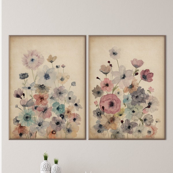 Set of Two Botanical Watercolor Flowers Tuberose Rose Print, Vintage Style Nursery Farm Baby Bedroom decor Housewarming Eco Friendly Gift