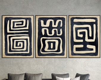 Set of Three African Art Print, Ethnic Tribal Black Beige Wall Art Tribal Minimal Modern Boho Room decor Housewarming Eco Friendly Gift