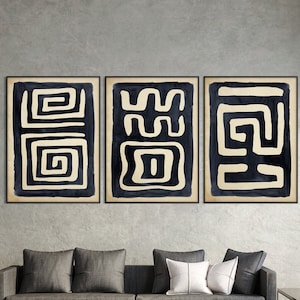 Set of Three African Art Print, Ethnic Tribal Black Beige Wall Art Tribal Minimal Modern Boho Room decor Housewarming Eco Friendly Gift