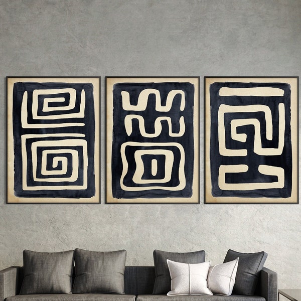 Set of Three African Art Print, Ethnic Tribal Black Beige Wall Art Tribal Minimal Modern Boho Room decor Housewarming Eco Friendly Gift