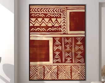 Könnte beinhalten: Ein großer abstrakter Kunstdruck mit einem geometrischen Muster in Weiß auf rotem Hintergrund. Der Druck ist in Schwarz gerahmt und hängt an einer weißen Wand in einem Wohnzimmer.