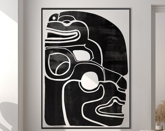 Impression maya de serpent jaguar, aquarelle d'encre noire blanche indigène américaine précolombienne moderne minimaliste pendaison de crémaillère cadeau respectueux de l'environnement