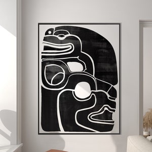 Jaguar Snake Mayan Print, White Black Ink Watercolor Indigenous American Pre Columbian Minimal Modern decor Housewarming Eco Friendly Gift