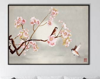 Set of Two Japanese Cherry Blossom and Sparrows Print Botanical Panels Black White Oriental Floral Zen Feng shui Minimal decor Gift Her Him