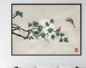 Japanese Pine Tree and Sparrows Print, Oriental Landscape Ink Watercolor Sumi E Art Minimal Zen Feng Shui Wall Decor Gift Her him Horizontal