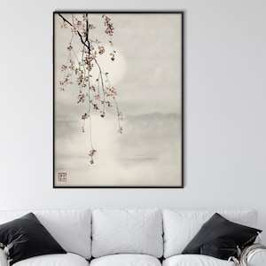 Japanese Sakura Cherry Blossom Water Sunset Print, Oriental Asian Landscape Watercolor Scroll Minimal Zen Feng Shui Decor Eco Friendly Gift image 4
