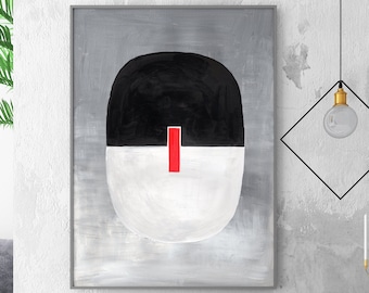 May include: Abstract painting with a black and white circle shape with a red line in the center. The painting is framed and hanging on a gray wall.