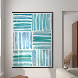 Abstract Watercolor Lines Print, Contemporary Minimal Watercolor Modern Green Turquoise Living Room Decor Eco Friendly Gift Housewarming