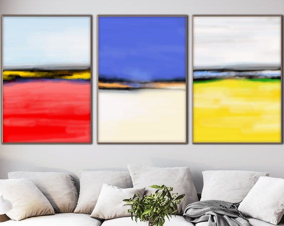 Set of Three Abstract Color Blocks Printable, Large Watercolor Green Blue Red Yellow Contemporary Wall Art Minimal Modern Decor Gift Her Him