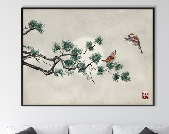 Japanese Pine Tree Branches and Sparrows Printable, Oriental Landscape Ink Watercolor Art Minimal Zen Feng Shui Wall Decor  Gift Her him