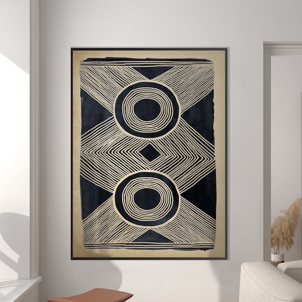 African Pattern Art Print, Ethnic Afro American Art Black Beige Geometric Tribal Style Boho Minimal Decor Housewarming Eco Friendly Gift