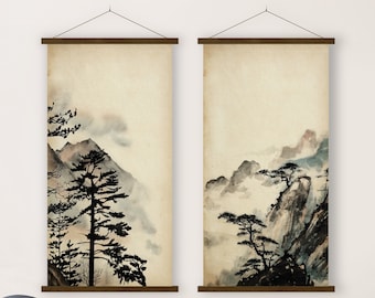 Set Dos Láminas Japonesas Paisaje Montaña Oriental, Papel Viejo Acuarela Tinta Decoración Minimalista Arte Asiatico Zen Feng Shui  Regalo