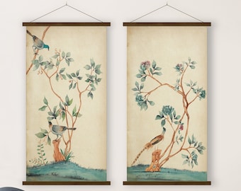 Set of Two Oriental Birds Flowers Print, Asian Peonies Branches Watercolor Green Blue Scroll Chinoiserie decor Feng Shui Eco Friendly Gift
