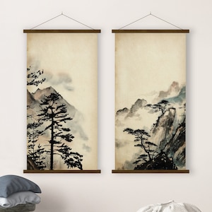 Set di due stampe su tela con paesaggi montani, vecchia carta, inchiostro, acquerello, rotolo, arte asiatica, arredamento minimalista, zen, feng shui, regalo ecologico