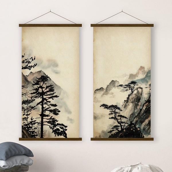 Set of Two Mountain Landscape Print, Old Paper Monochrome Ink Watercolor Scroll Asian Art Minimal decor Zen Feng Shui Eco Friendly Gift