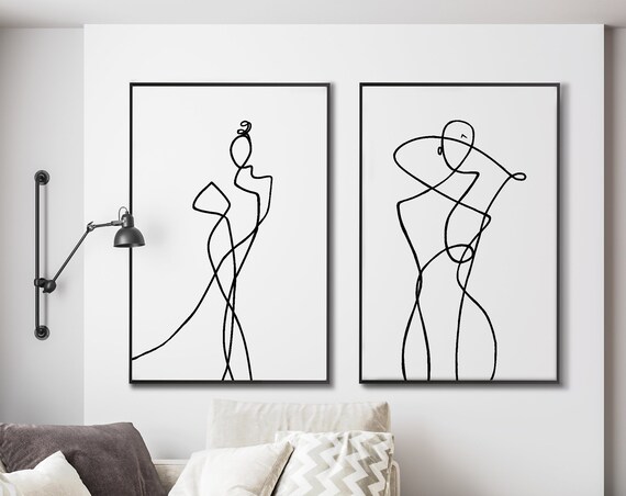 Set of Two Abstract Woman Silhouette Printable, Woman Figure Black White One Line Sketch Minimal decor Lady Nude decor Gift Her Him