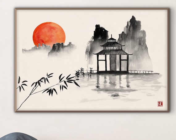 Oriental Temple Print, Asian Japanese Ink Watercolor Rising Sun Wall Landscape Minimal Zen Feng Shui Room Decor Aesthetic Eco Friendly Gift