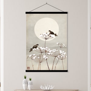 Stampa poster di uccelli di erbe giapponesi, paesaggio orientale asiatico acquerello Sumi E Scroll Art Minimal Zen Feng Shui Decor regalo ecologico