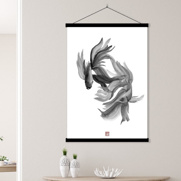 Japanese Betta Fighting Fish Print, Monochrome Chinese Feng Shui Sumie Meditation Ink Wall Asian art Eco Friendly Gift Minimal Zen Decor