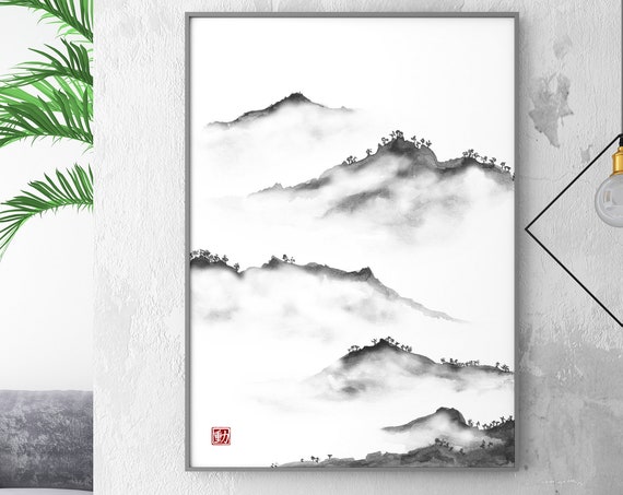 Oriental Mist and Mountains Print, Japanese Fog Sumi E Landscape Ink Watercolor Minimal decor Zen Feng Shui art Gift Her him Vertical Frame