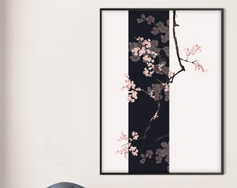 Könnte beinhalten: Gerahmter Kunstdruck mit vertikalem Design, bestehend aus einem dunkelblauen und weißen Streifen. Zarte rosa Kirschblütenzweige erstrecken sich über den Rahmen. Das Kunstwerk wird in einem Raum mit Holzstühlen, Kissen und einem Sitzsack ausgestellt.